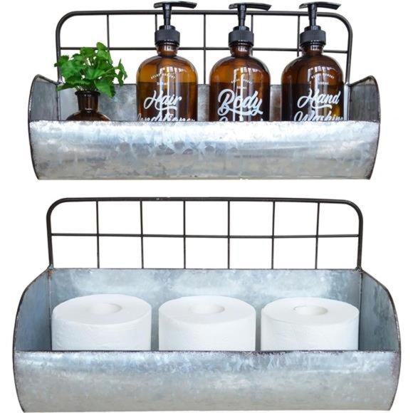 Galvanized Metal Farmhouse Wall Storage Holder Rustic Tin Shelves for Kitchen - Picture 4 of 7